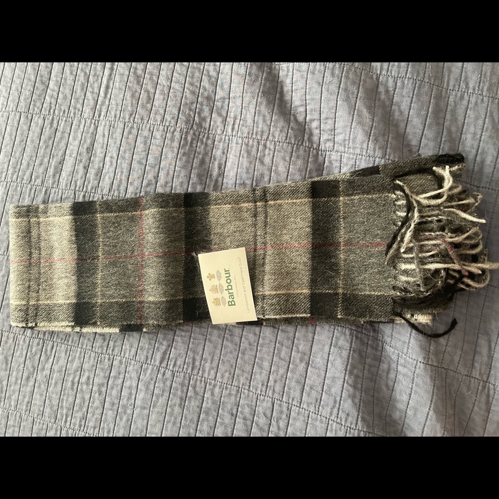 Barbour Marino Wool Cashmere Tartan Check Scarf, Grey